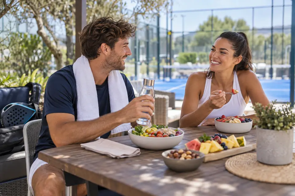 Illusztratív jelenet barátokról, akik padel után friss ételt fogyasztanak